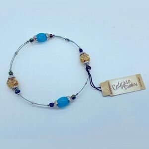 NWT CALYPSO Blue & Amber Glass Beaded 4 Wire Bracelet with 3 inch Circumference